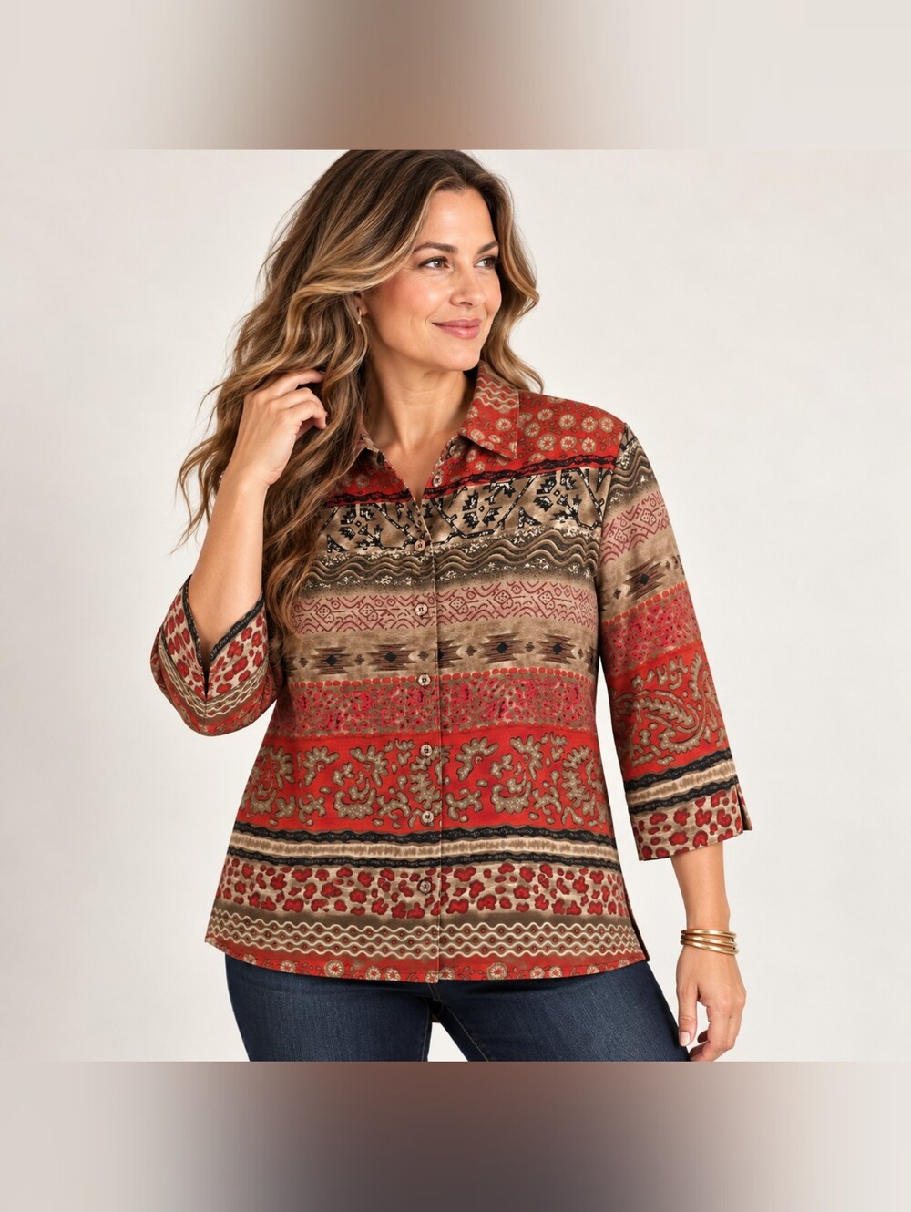 Allison Daley Petite 8P Boho Mixed Print Blouse 3/4 Sleeve Shoulder Pads